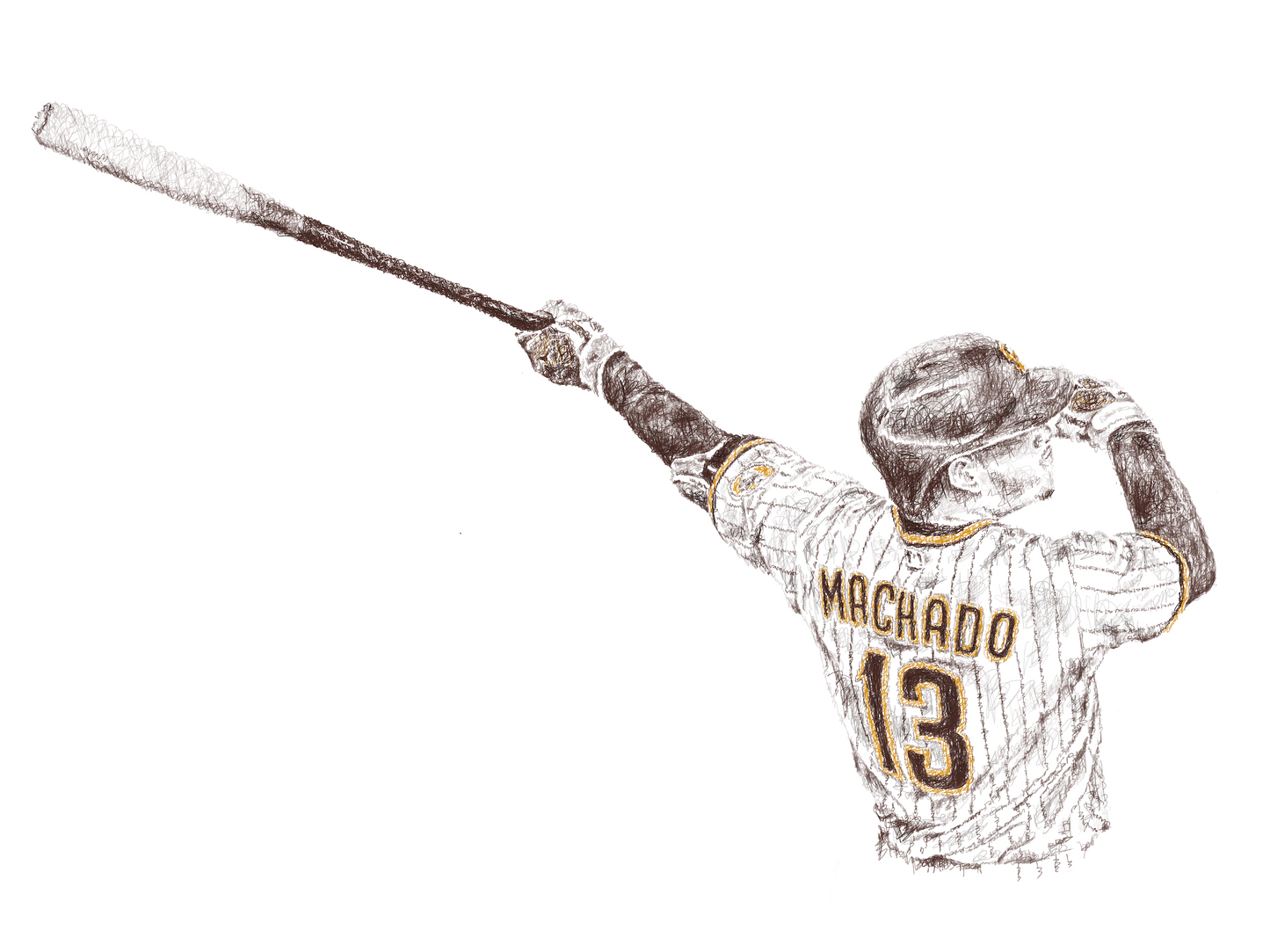 A detailed, layered portrait of baseball player Manny Machado, created using the numbers from his jersey.