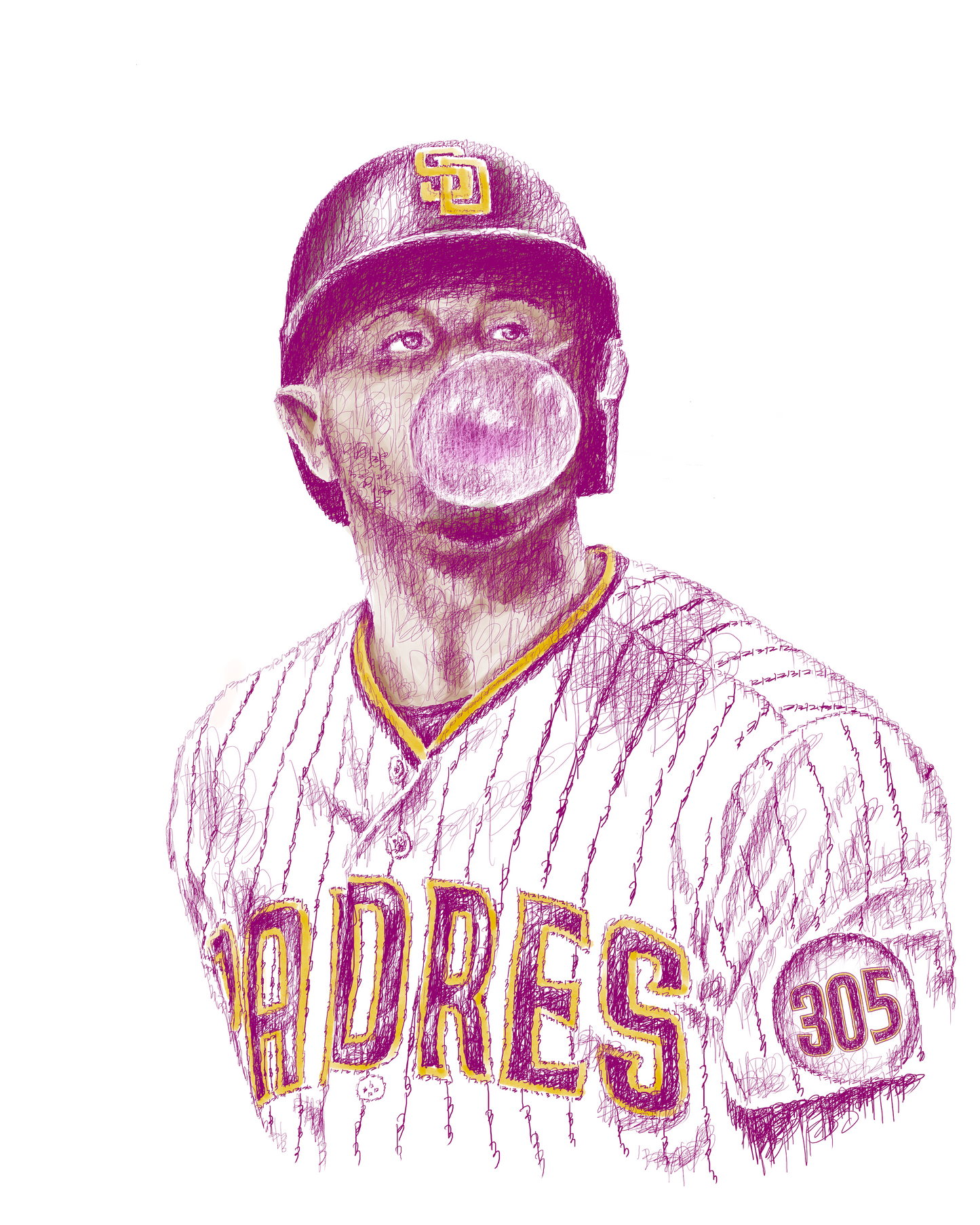 A detailed, layered portrait of baseball player Manny Machado, created using the numbers from his jersey.